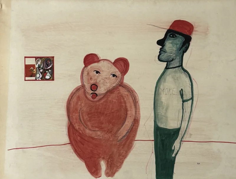 Ours en peluche et homme au fez rouge côte à côte, petit collage coloré