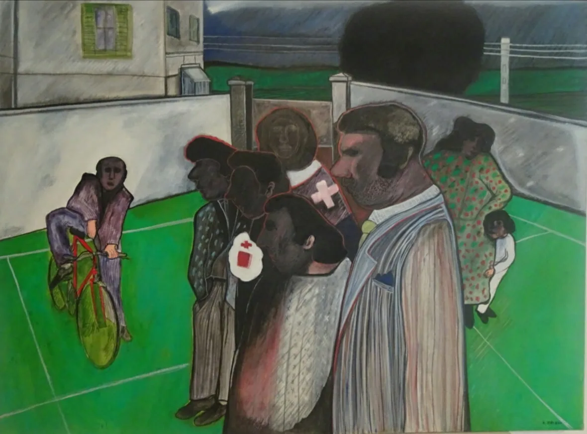 Groupe de figures peintes et dessinées, composition dense aux techniques mêlées