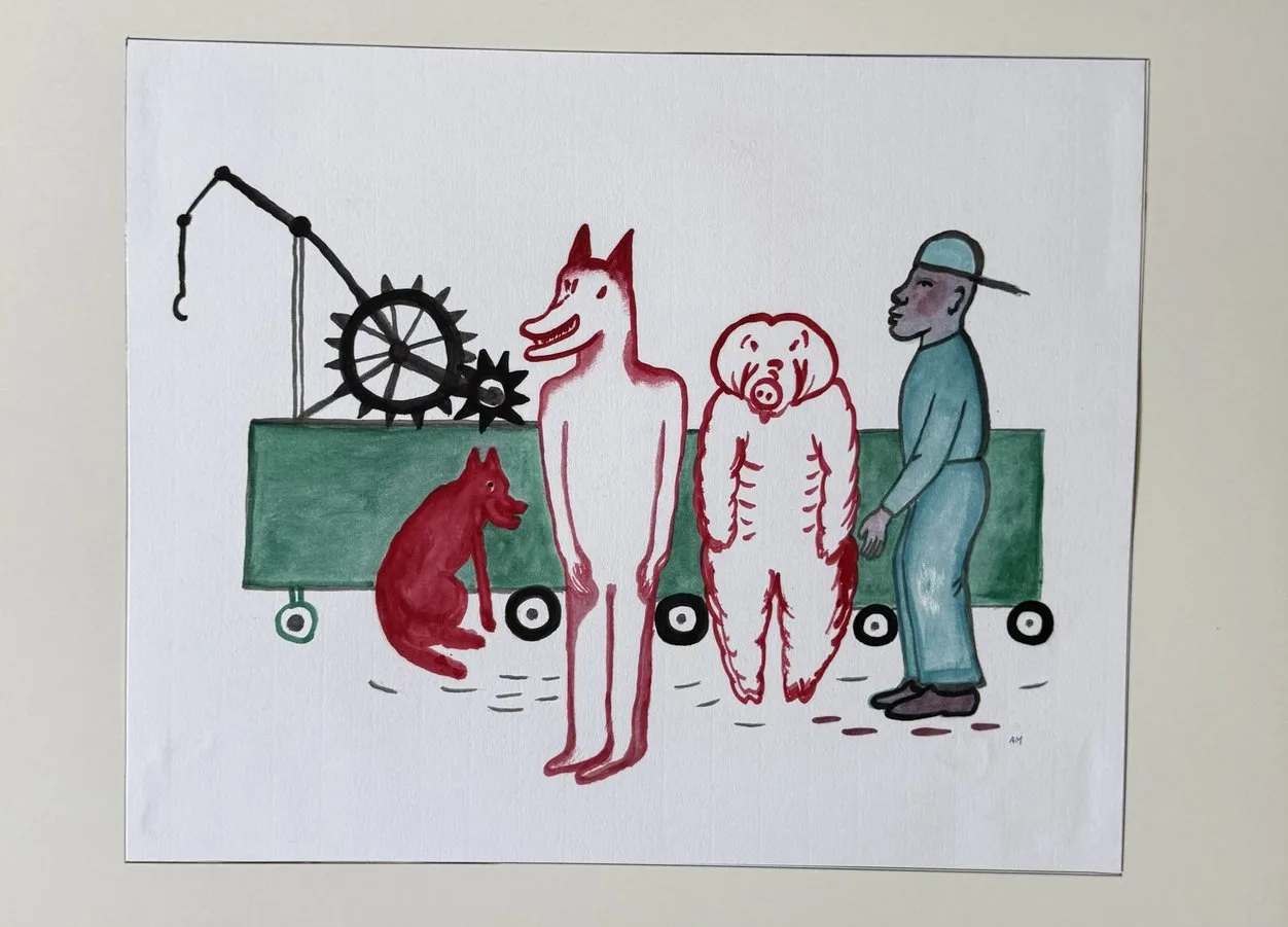 Charrette verte à manivelle poussée par un homme, deux créatures roses debout, petit chien