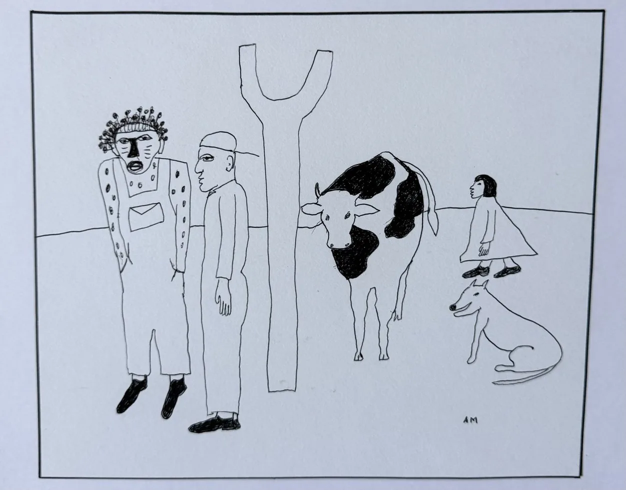 Dessin au trait, figure ornée de pois, homme en casquette, vache et fillette avec son chien