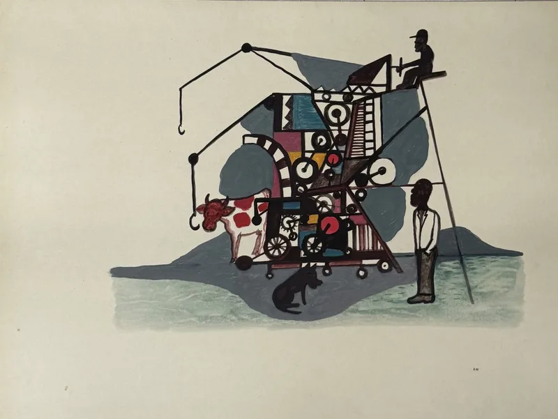 Grue de fortune au bord de l'eau, homme à la pêche, âne et chien sur la rive