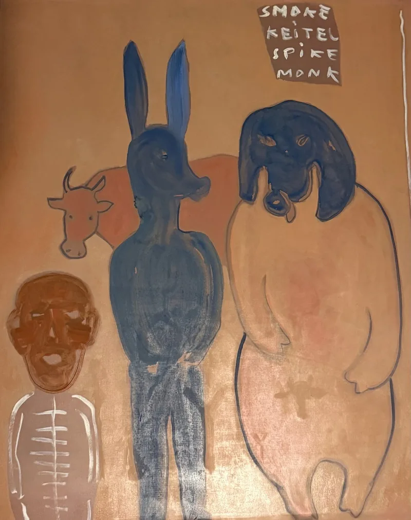 Grande figure aux longues oreilles sur fond ocre, vache et texte peint Smoke Keitel Spike Monk