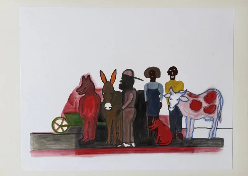 Créature rouge sur une charrette tirée par un âne, trois personnages et une vache tachetée