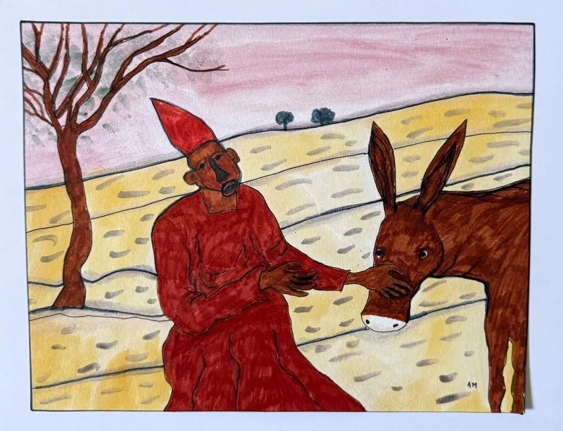 Homme en robe rouge à capuche pointue touchant le museau d'un âne, paysage désertique et ciel rose