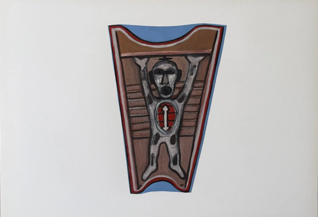 Forme étroite en bouclier brun et bleu percée d'un cercle rouge, silhouette gravée à l'intérieur