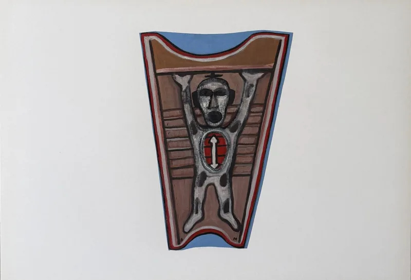 Forme étroite en bouclier brun et bleu percée d'un cercle rouge, silhouette gravée à l'intérieur