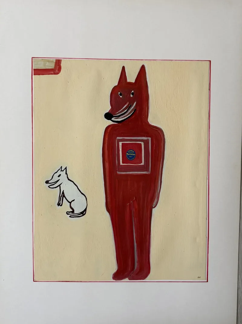 Figure robotique rouge à fenêtre carrée sur la poitrine, petit chien blanc à ses côtés