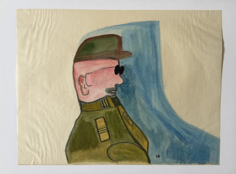 Portrait de profil d'un homme au calot vert militaire sur fond bleu