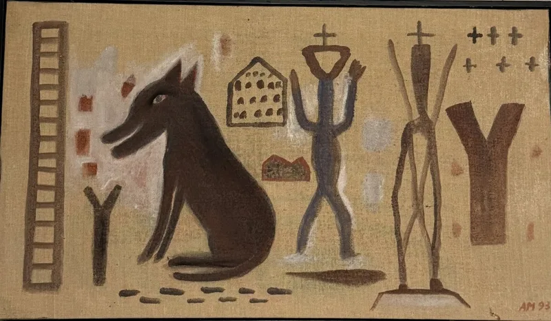 Loup sombre, échelle et idoles surmontées d'une croix sur fond ocre pâle