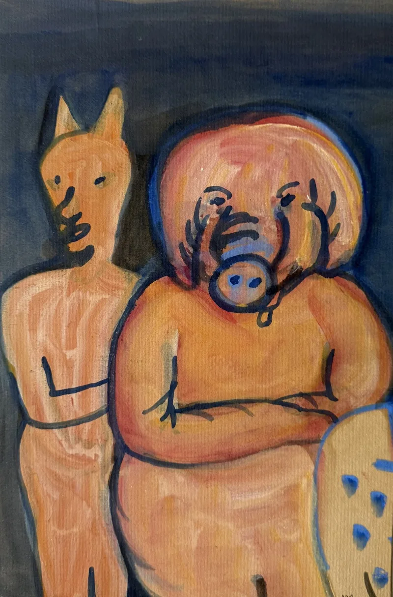 Figure à tête de renard enlaçant une figure massive au nez de cochon, fond bleu nuit