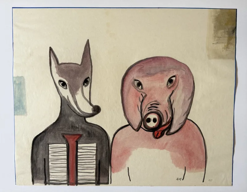 Figure à tête de loup gris au torse strié et figure à tête de cochon rose côte à côte