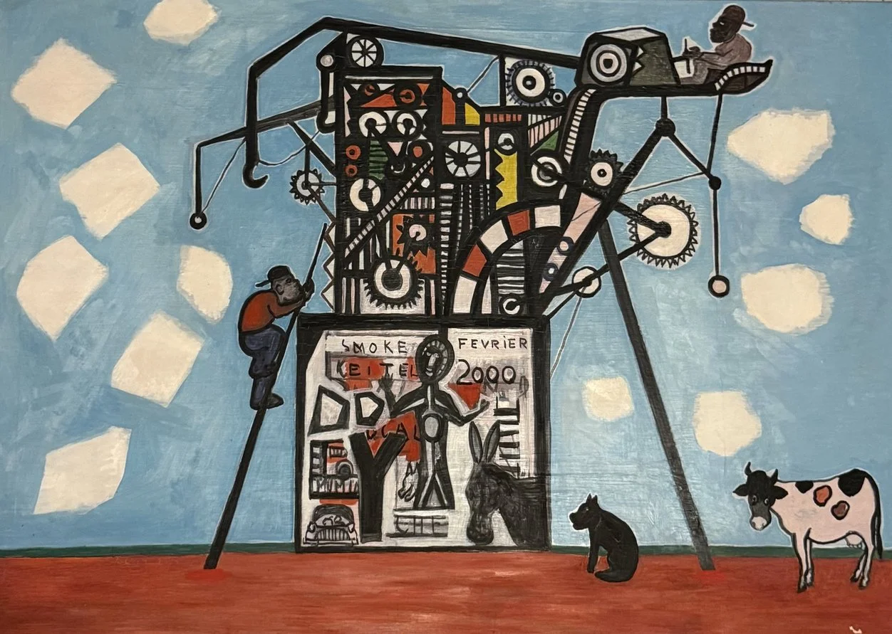 Composition pop d'inspiration mécanique, étiquettes peintes DOG, KEITEL, N.Y., animaux et chiffres
