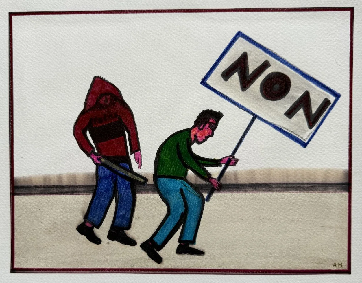 Deux manifestants, l'un armé d'un bâton, l'autre brandissant une pancarte NON