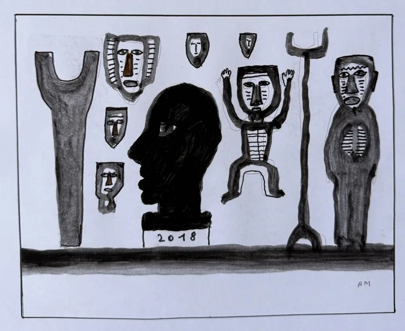 Rangée de masques et figures africaines stylisées, outil en fourche, échelle, tête noire massive