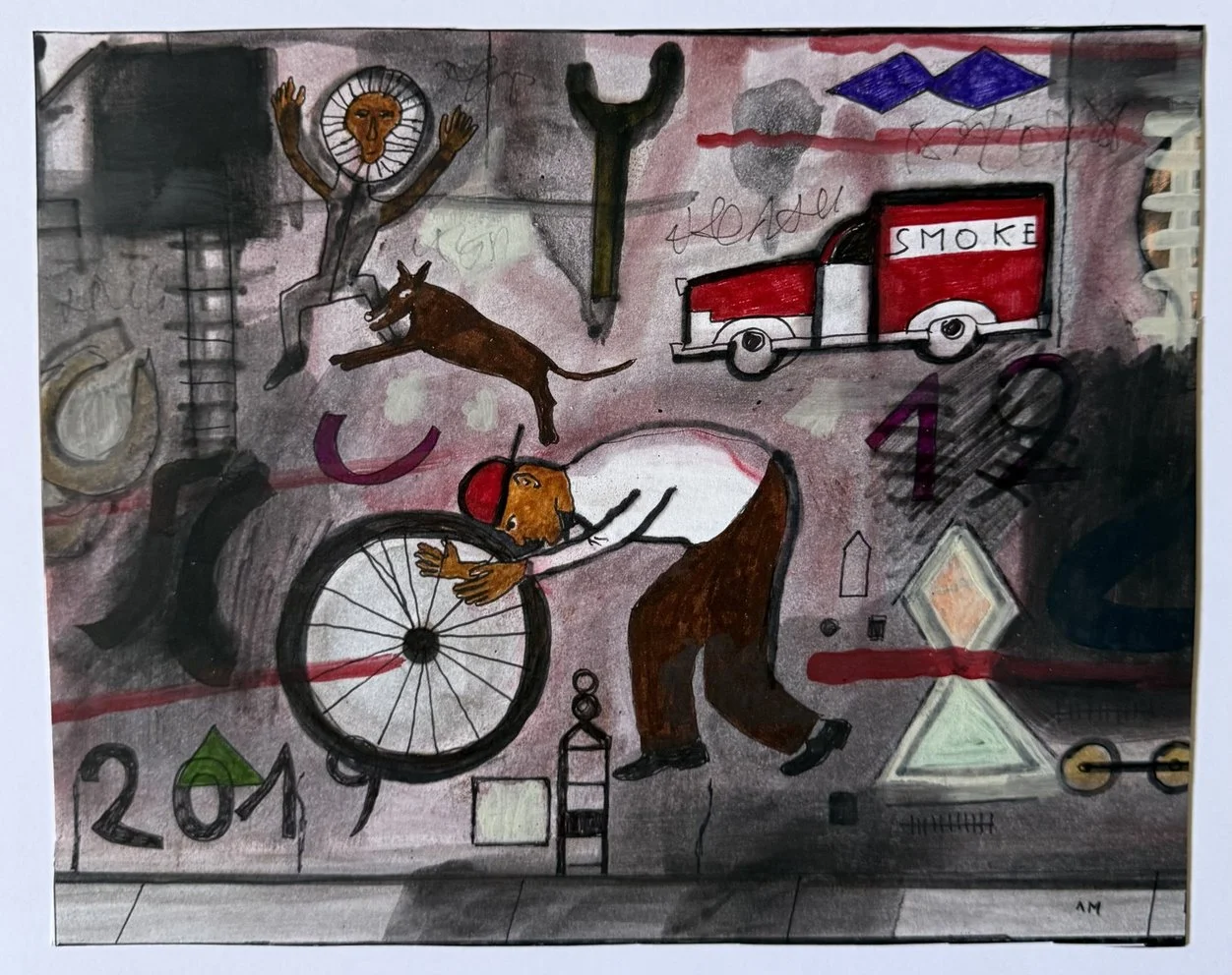 Composition dense de formes urbaines, camionnette rouge Smoke, roue, clé, chien sautant, date 2019 inscrite