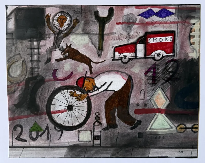 Composition dense de formes urbaines, camionnette rouge Smoke, roue, clé, chien sautant, date 2019 inscrite