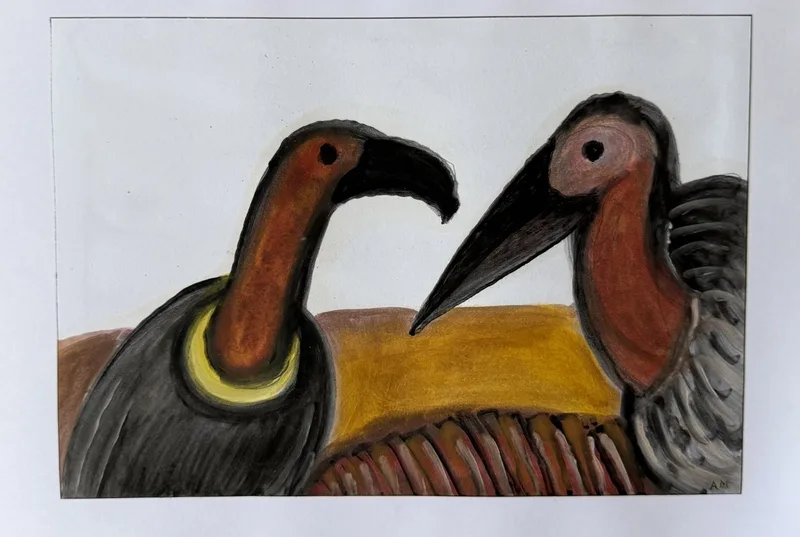 Deux têtes d'oiseaux brun-roux au long cou se penchant l'une vers l'autre, fond ocre