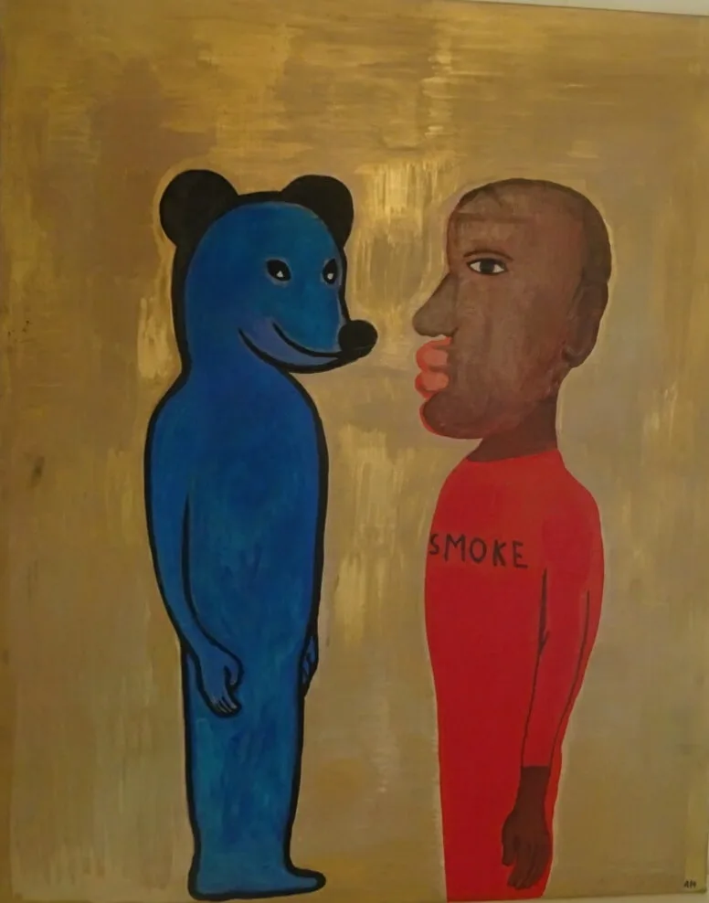 Ours dressé peint en bleus profonds, figure animale monumentale sur toile verticale