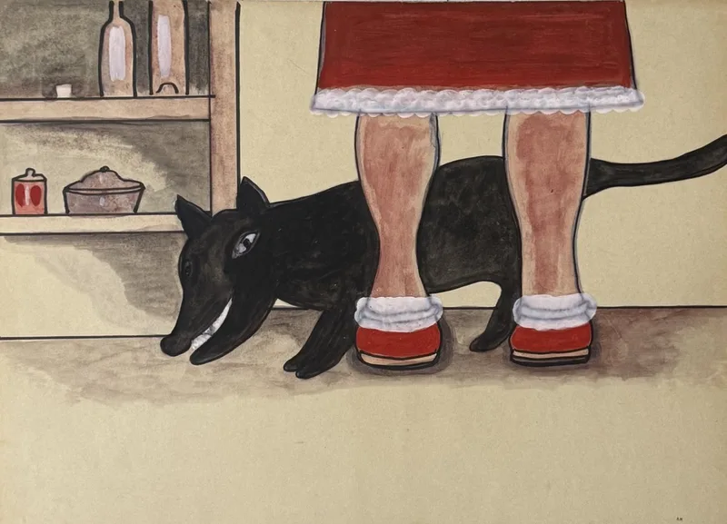 Jambes dépassant d'une jupe rouge à volants dans une cuisine, chien noir en observation