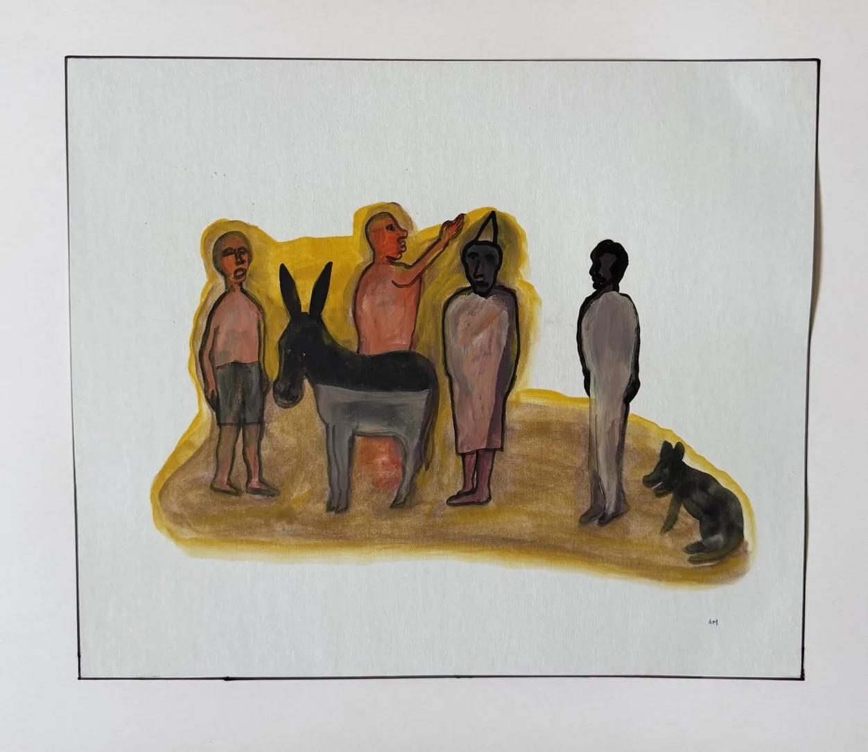 Jeune garçon, âne, figure drapée et silhouette sombre sur fond jaune, petit chien