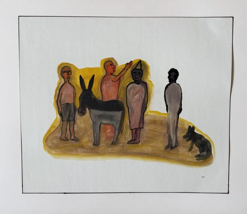 Jeune garçon, âne, figure drapée et silhouette sombre sur fond jaune, petit chien