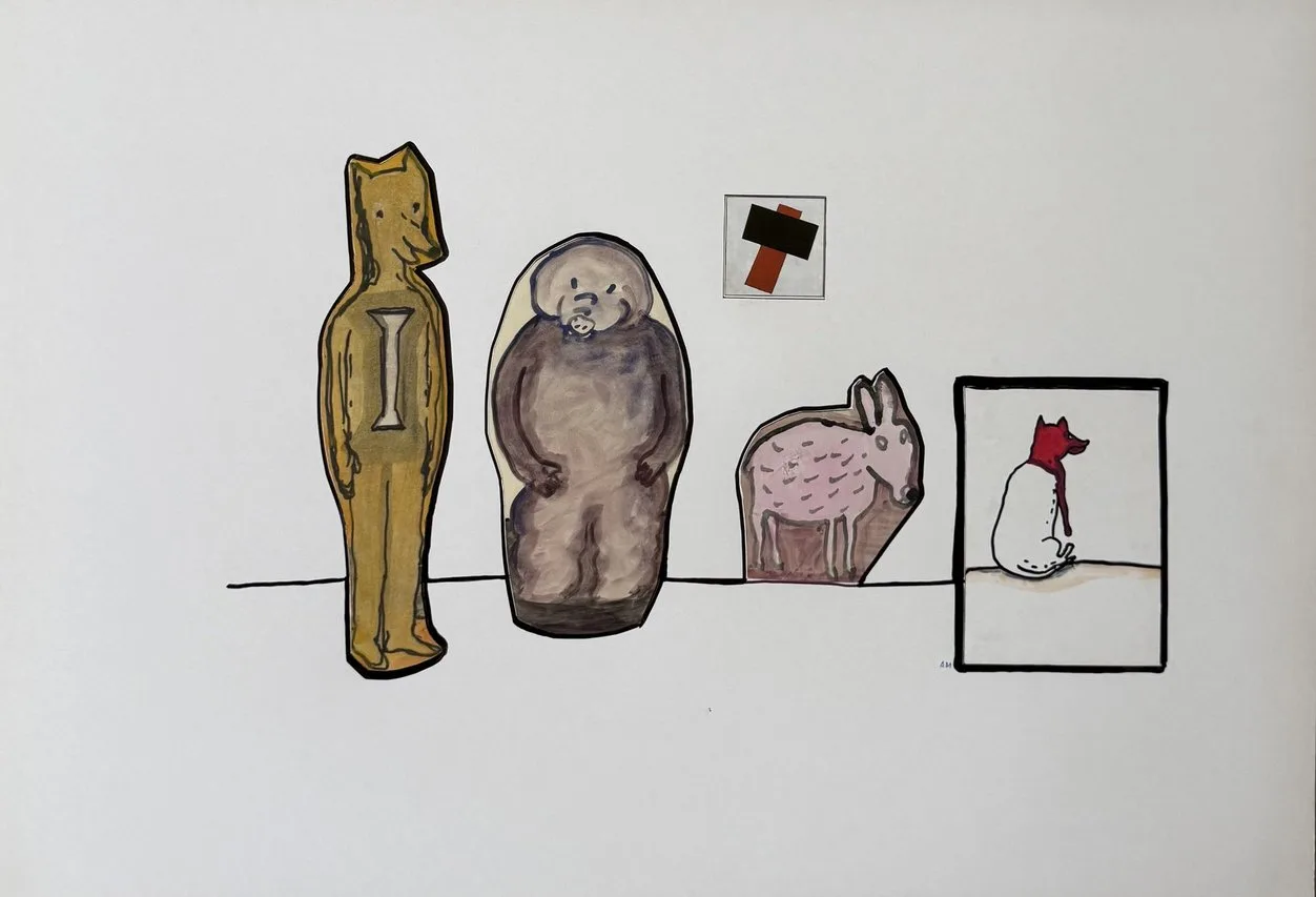 Trois figurines alignées, silhouette dorée marquée d'un I, créature ronde, petit cochon, chien encadré
