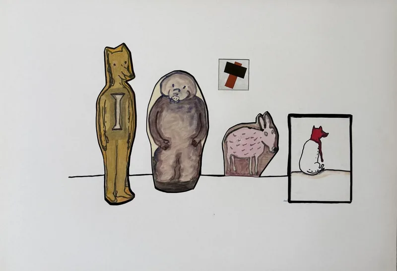Trois figurines alignées, silhouette dorée marquée d'un I, créature ronde, petit cochon, chien encadré