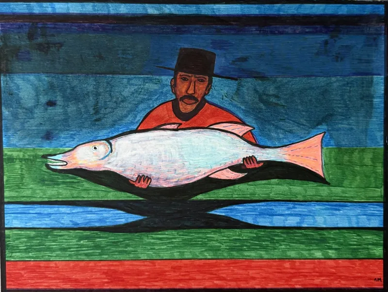 Homme au fez rouge portant un grand poisson pâle, bandes horizontales bleues, vertes et rouges