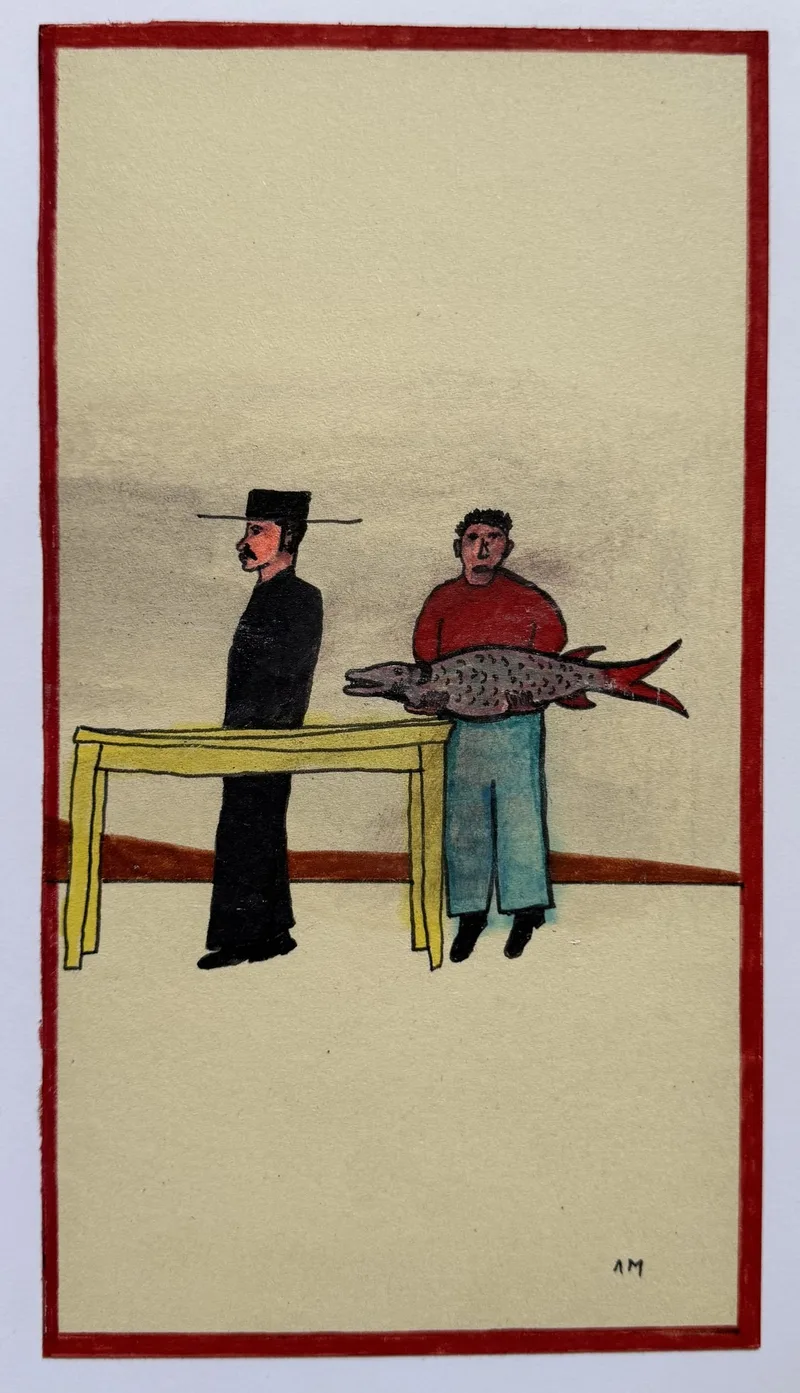 Homme en noir et homme en rouge portant un poisson sur une table jaune, fond crème bordé de rouge