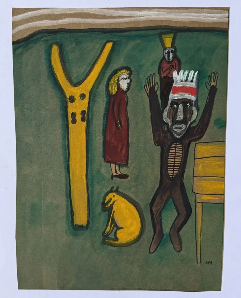 Forme en Y jaune, fillette en rouge, figure guerrière à coiffe de plumes bras levés, petit chien