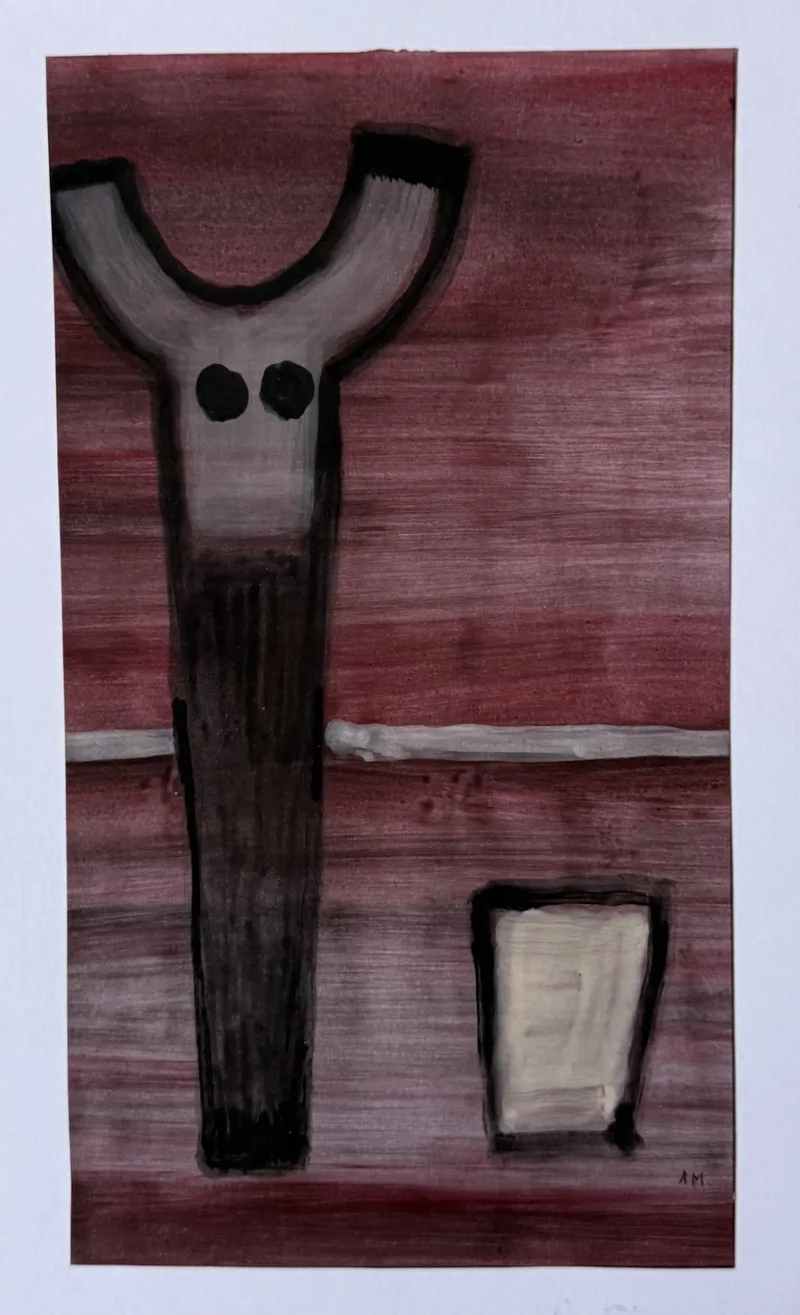 Forme totémique en fourche rouge sombre à deux points noirs, petit rectangle clair en dessous
