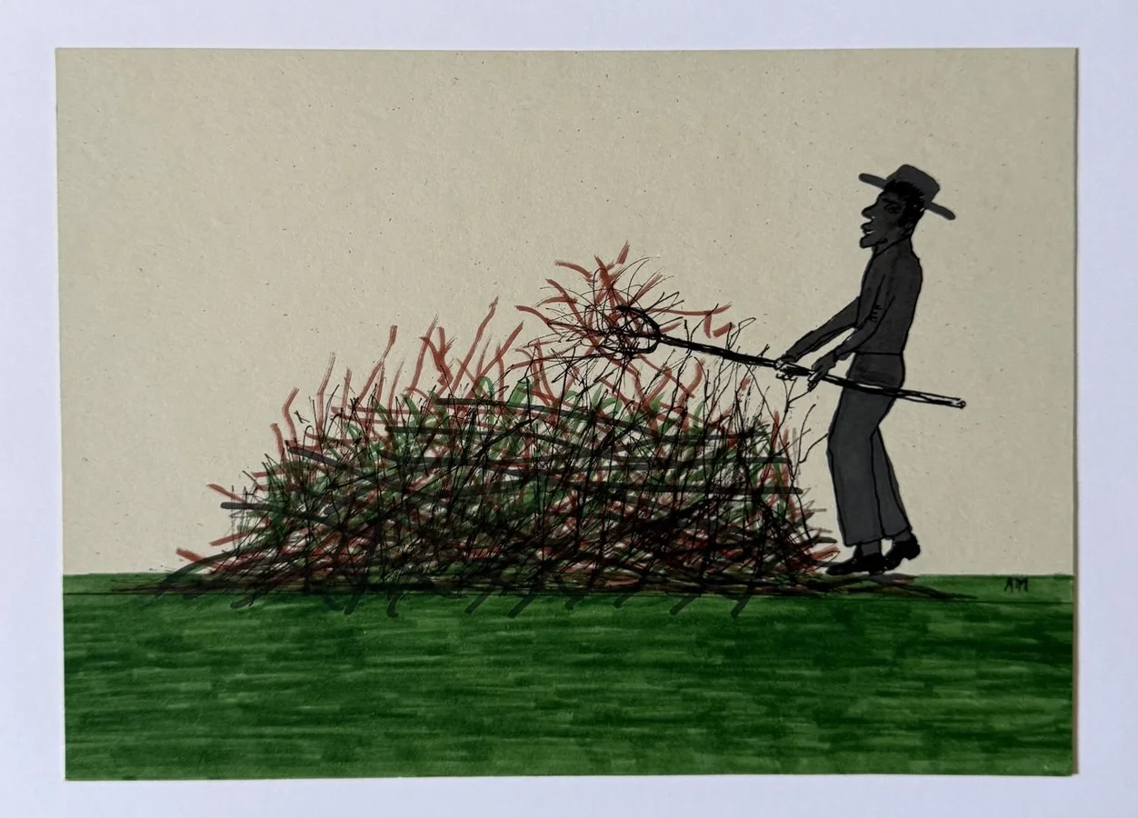 Silhouette au grand chapeau tirant un fagot de branches épineuses sur fond vert et crème