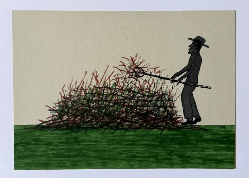 Silhouette au grand chapeau tirant un fagot de branches épineuses sur fond vert et crème