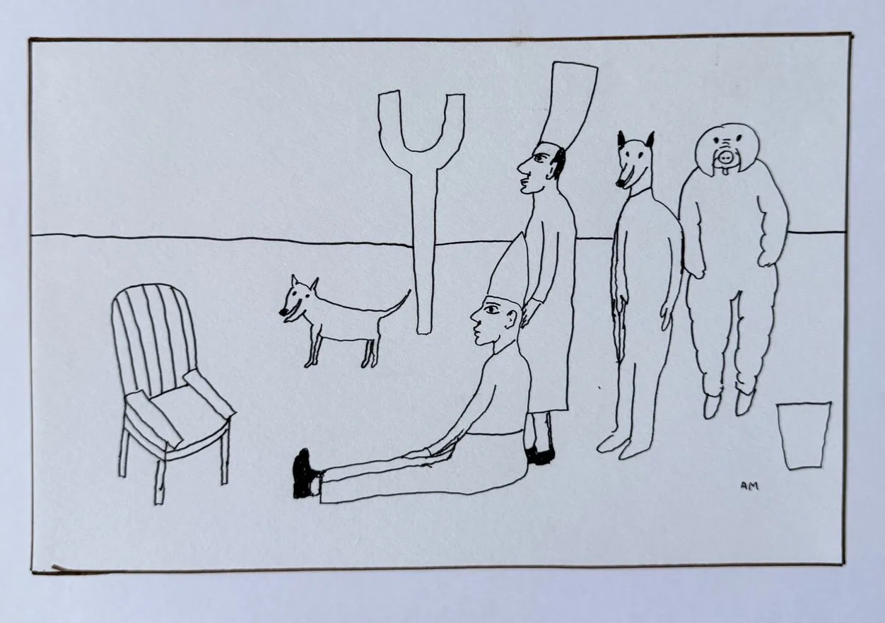 Dessin au trait, homme en toque penché sur une figure allongée, chaise vide, chien et seau