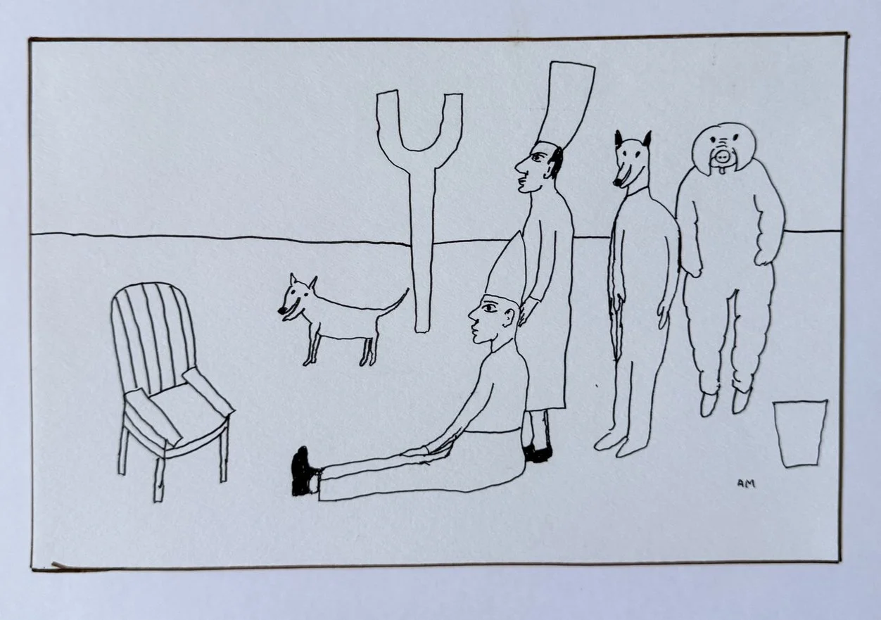 Dessin au trait, homme en toque penché sur une figure allongée, chaise vide, chien et seau