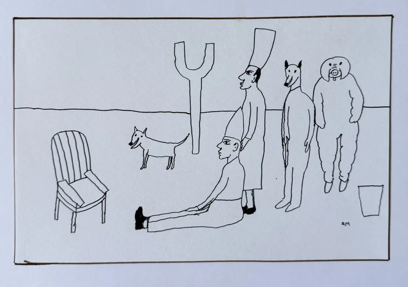 Dessin au trait, homme en toque penché sur une figure allongée, chaise vide, chien et seau
