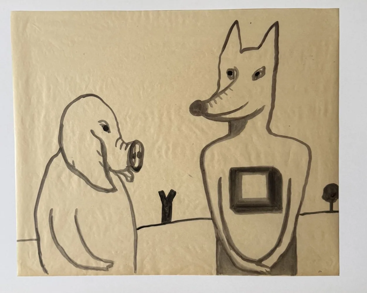 Dessin au trait beige, figure à trompe et figure à tête de renard face à face