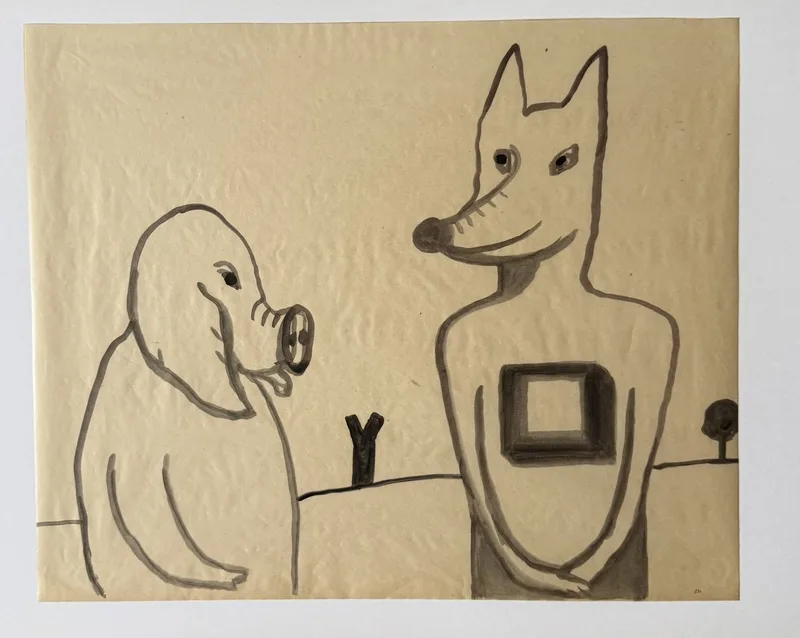 Dessin au trait beige, figure à trompe et figure à tête de renard face à face