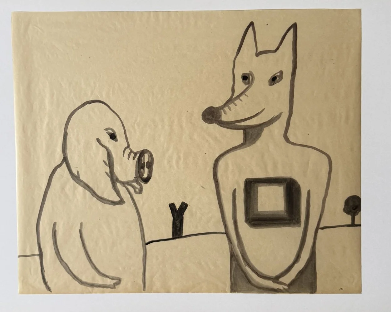 Dessin au trait beige, figure à trompe et figure à tête de renard face à face