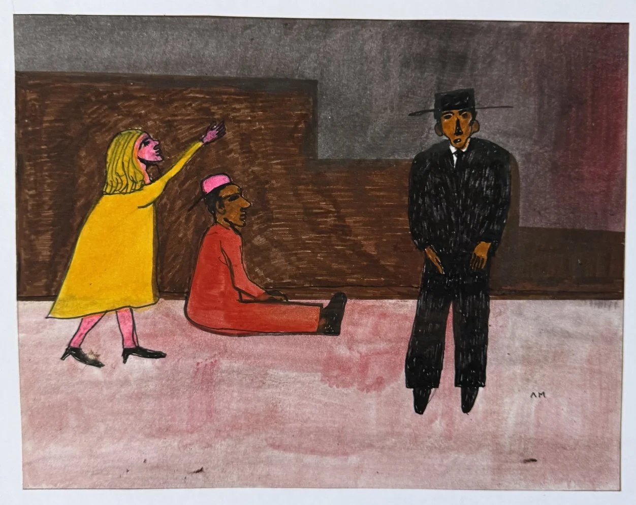 Fillette en robe jaune tendant la main vers une figure assise en rose, homme en noir debout