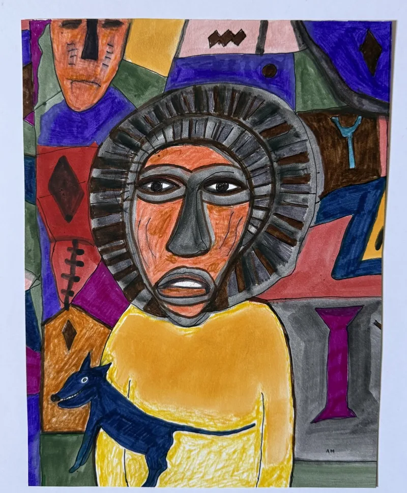 Portrait cubiste en robe jaune coiffé d'un masque à crinière grise, petit chien bleu, fond géométrique coloré