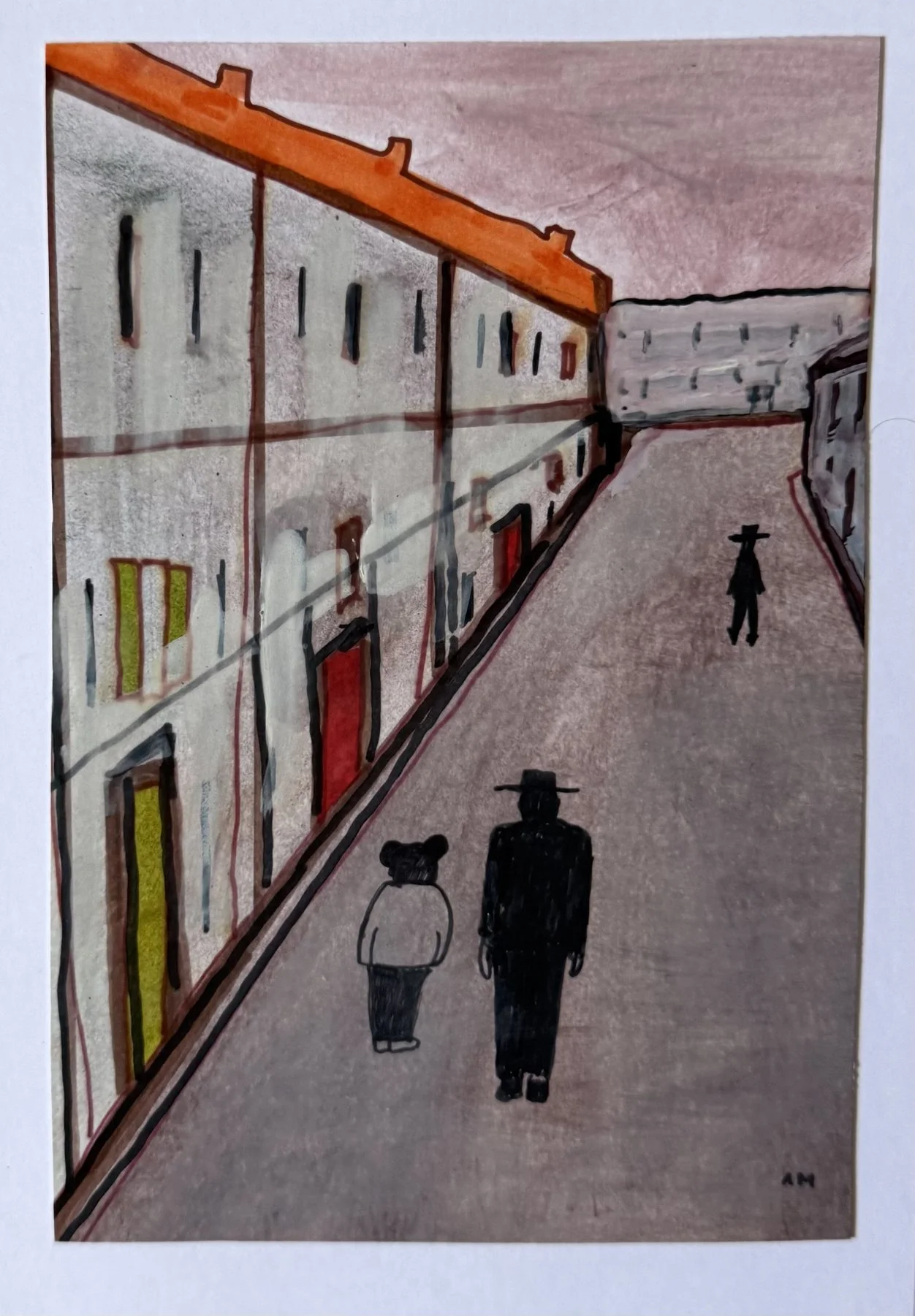 Rue en perspective bordée de maisons à toits orange, silhouettes marchant au loin