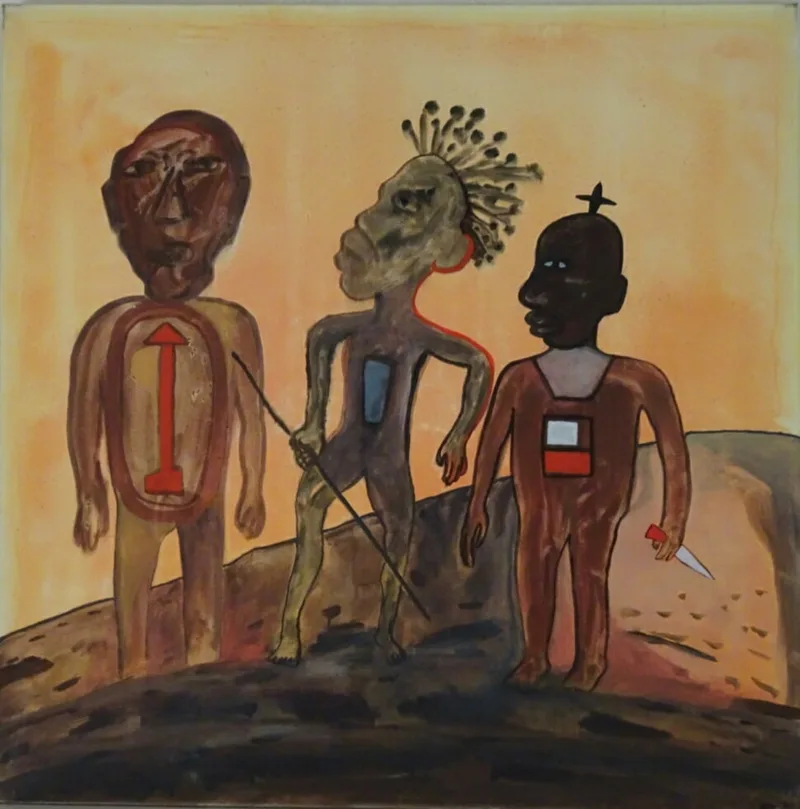 Composition sombre traversée d'une lame claire, peinture grave aux tons terreux