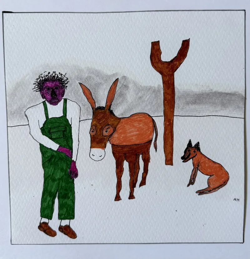 Homme au visage violet en salopette verte près d'un âne brun, forme en fourche et chien roux