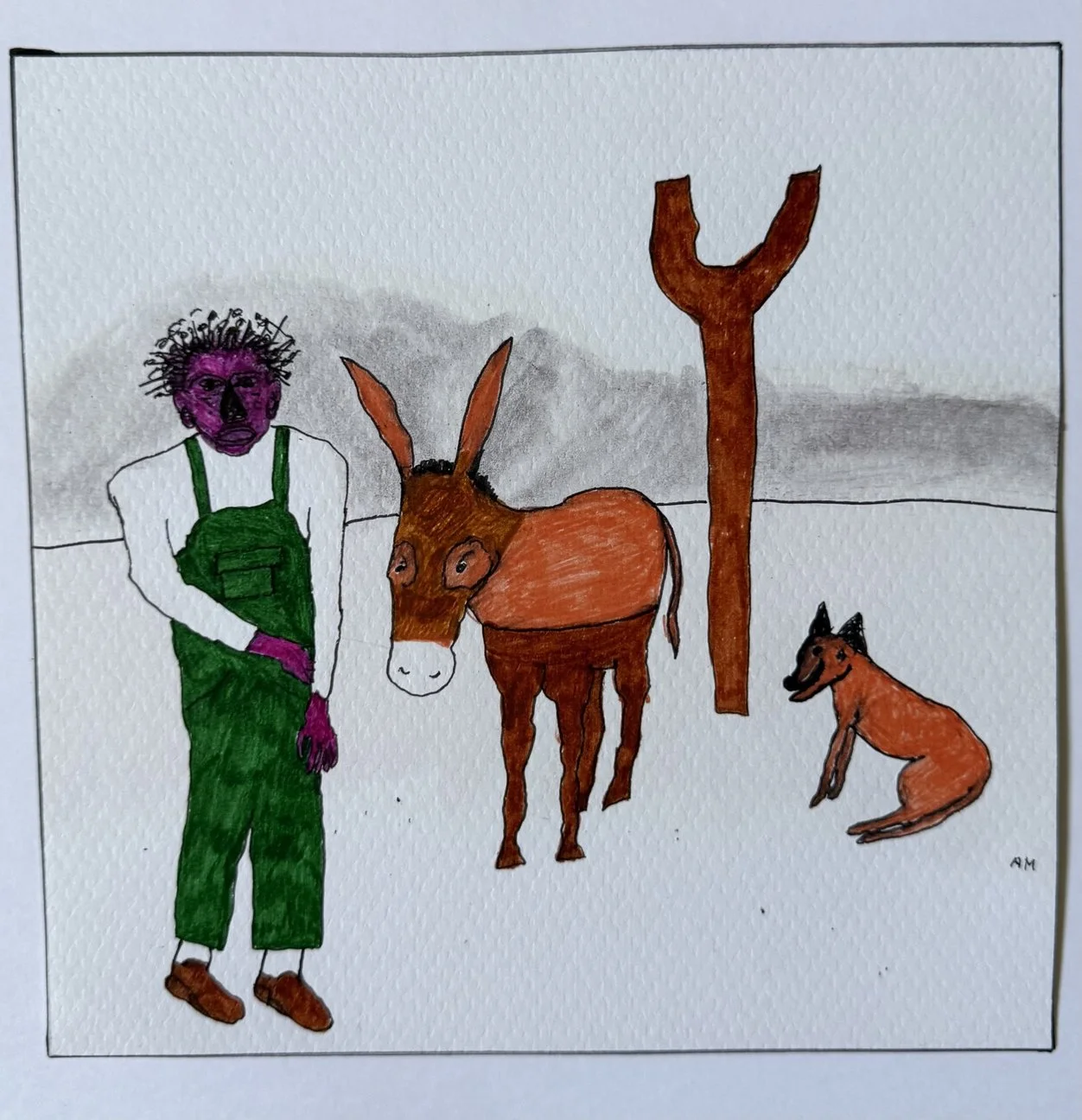 Homme au visage violet en salopette verte près d'un âne brun, forme en fourche et chien roux
