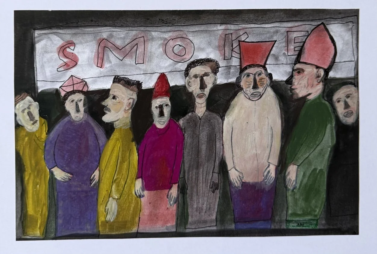 Sept figures colorées alignées sous une enseigne peinte Smoke, bonnets rouges parmi elles