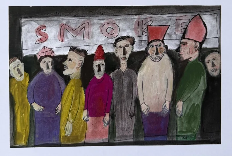 Sept figures colorées alignées sous une enseigne peinte Smoke, bonnets rouges parmi elles