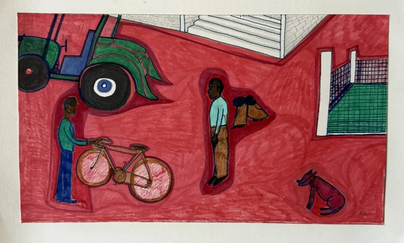 Scène rouge vif, tracteur vert, motif d'œil sur roue, deux hommes, vélo et chien