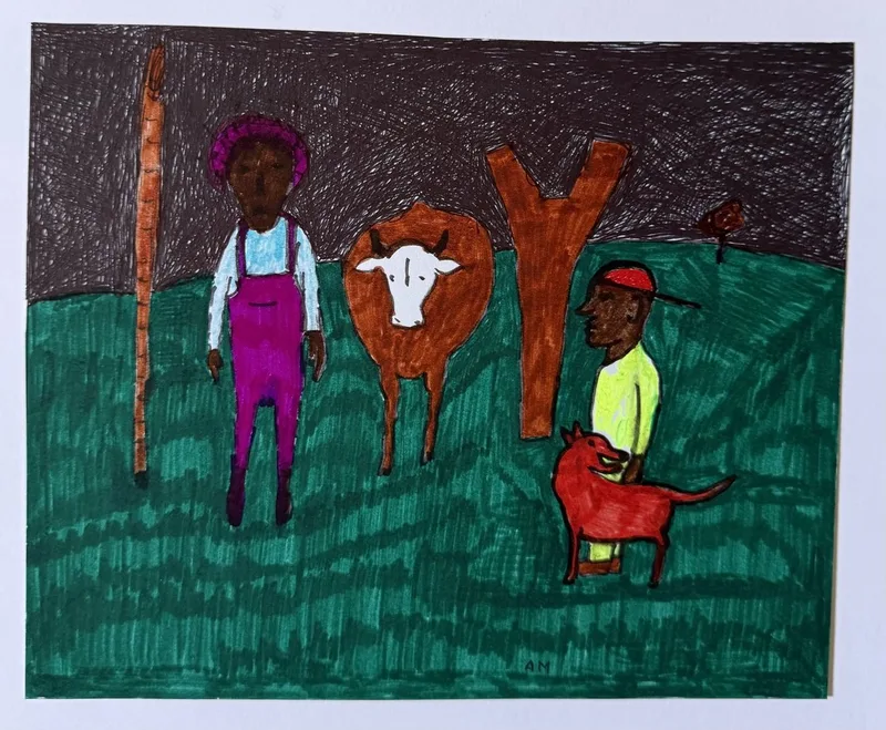 Homme en salopette violette avec bâton, vache, forme en Y rouge et homme en jaune sur fond vert sombre