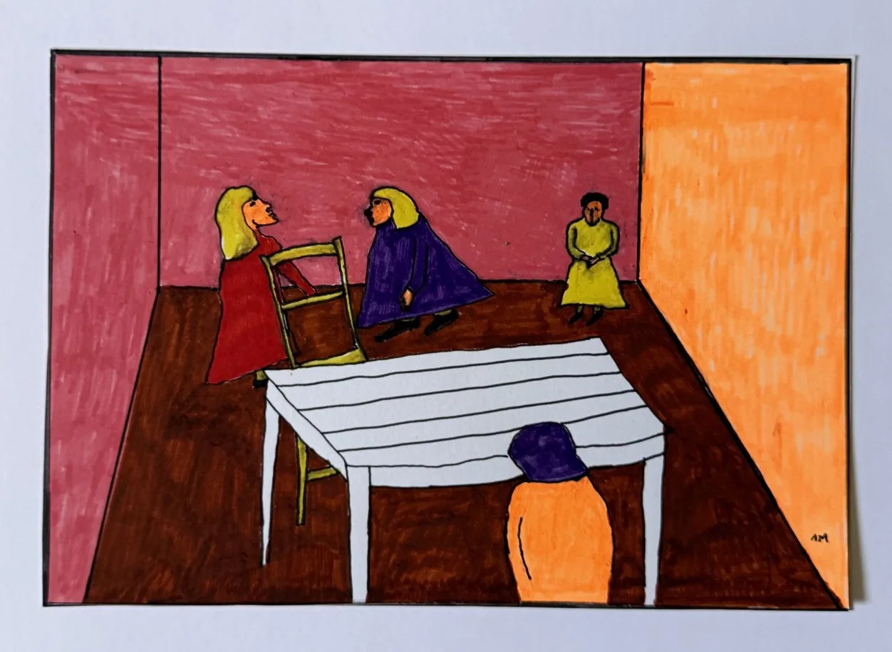 Deux figures à une table rayée dans une pièce rose et orange, petite figure assise au sol